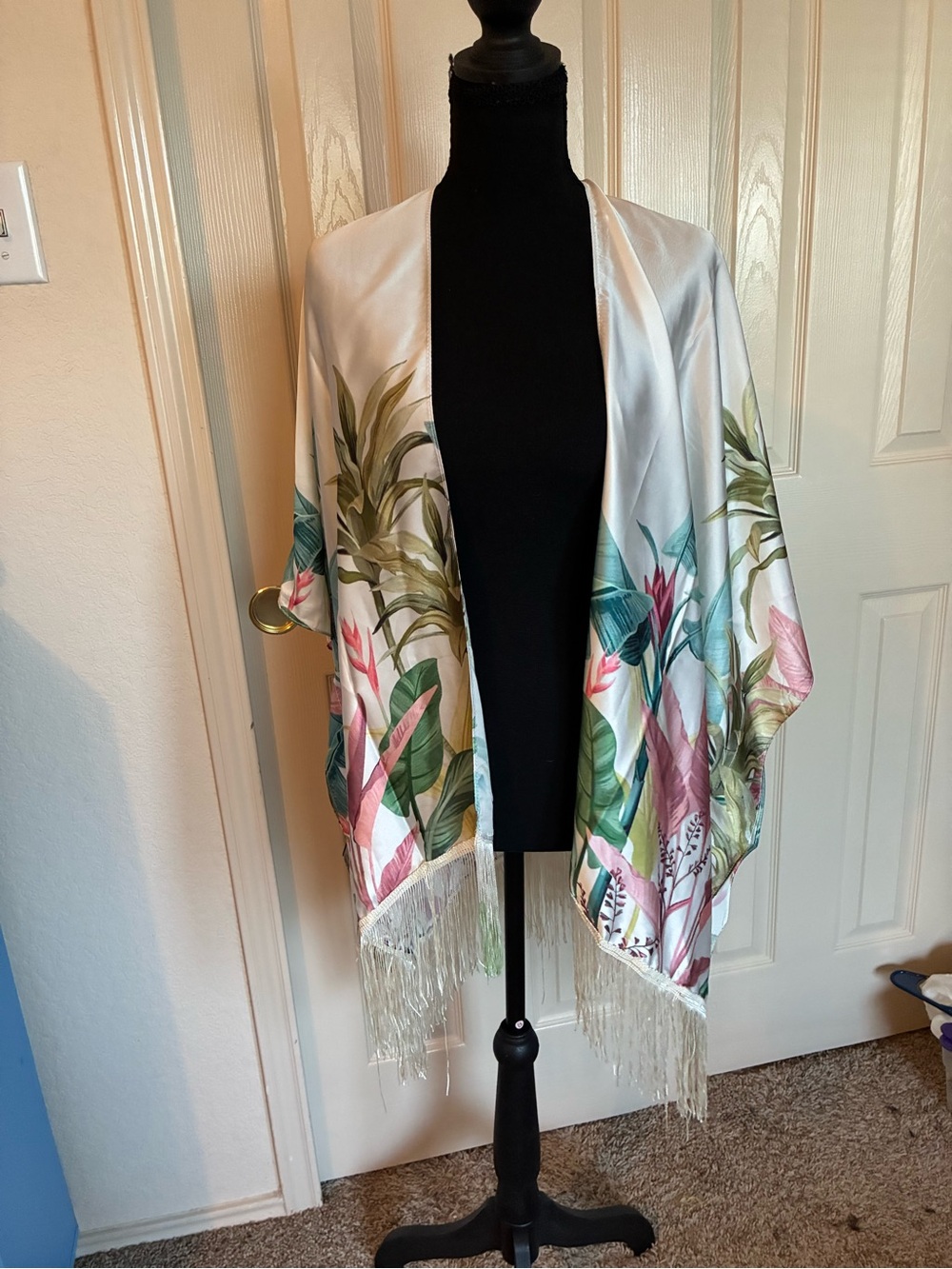 Tropical Floral Fringe Satin Kimono